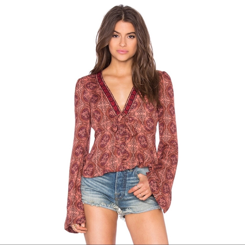 Free People Coastal Cowgirl Boho Bell Sleeve Floral Tie Front Blouse